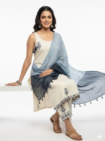 New Delhi, Clothing & Accessories, INR 1499,  Buy Now: Elegant Cream Blue Cotton Suit Set &ndash; Holi Sale Rs. 1,299