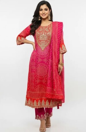 New Delhi, Clothing & Accessories, INR 2199,  Buy Now: Vibrant Pink-Red Bandhej Suit Set &ndash; Traditional Festive Wear Rs. 2,199