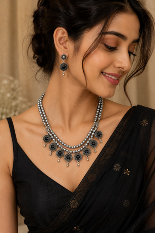 Gurgaon, Jewelry, INR .01000.00,  Belle Edge Oxidised Pearl Necklace Set