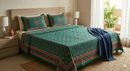 Mumbai, Household Items, INR 1499,  Green Cotton Bedsheet With Pillow Covers Pure Cotton, Handloom Woven, Natural Dyes