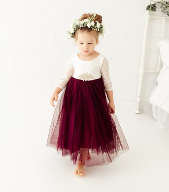 New York, Clothing & Accessories, USD 90,  Burgundy Tulle Long Sleeve Flower Girl Dress, White Lace Wedding Dress For Girls