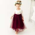 USD 90,  Burgundy Tulle Long Sleeve Flower Girl Dress, White Lace Wedding Dress For Girls