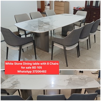 Manama, Furniture, BHD 105,  ✅️ White Titanium Stone Dining Table With 8 Chairs 4 Sale In Good Condition With Delivery