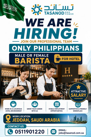 Jeddah, Jobs, Philippians Male Or Female Barista For Hotel In Jeddah