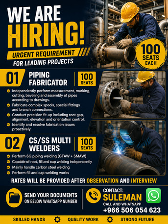 Riyadh, Jobs, Piping Fabricators / CS/SS Multi Welders