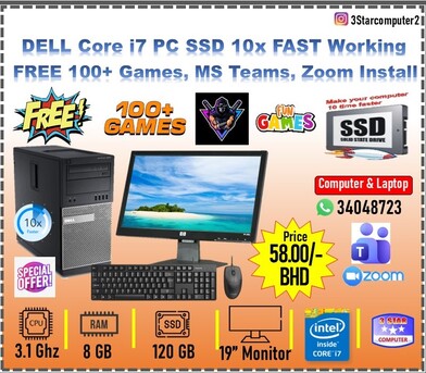 Manama, Computers, BHD 58,  DELL I7 Computer FREE 100+ Games For Kids (Just Plug & Play) 8GB Ram SSD 10x Fast Working
