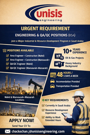 Riyadh, Jobs, Area Engineer - Construction & QA/QC Engineer (Gold Mining Project) - Saudi Arabia (KSA)