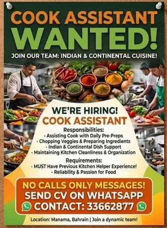 Manama, Jobs, Urgently Needed Cook Assistant