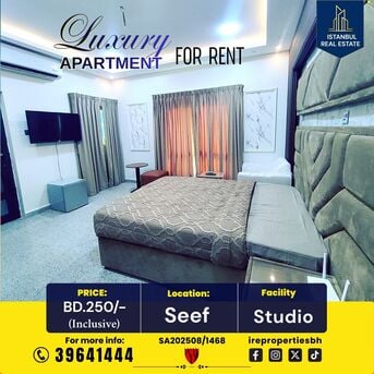Al Seef, Apartments, Flats, Houses & Villas, BHD 250/month,  Furnished,  Luxury Studio Apartment For Rent In Seef BD 250/- Inclusive