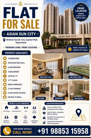 Hyderabad, Real Estate For Sale, INR 202000000,  3 BR,  2250 Sq. Feet,  3 Bhk Flat 2250 Sft For Sale At Sharat Mall Gachibowli