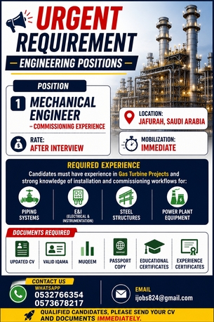 Jubail, Jobs, 1️⃣ Mechanical Engineer &ndash; Commissioning Experience