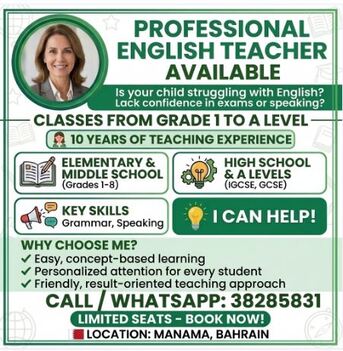Manama, Lessons Offered, English Teacher 10 Years Experienced Female In Manama!