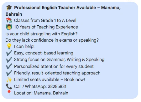Manama, Lessons Offered, English Teacher 10 Years Experienced Female In Manama!
