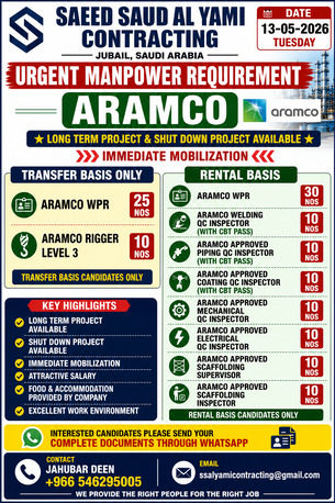 Jubail, Jobs, URGENT REQUIREMENT &ndash; ARAMCO PROJECT
