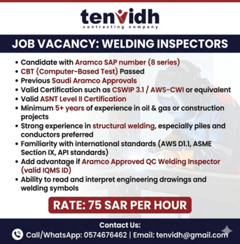 Al Jubail Al Balad, Jobs, Welding Inspector (Aramco Approved)