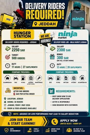 Jeddah, Jobs, Urgent Need Bike Riders For DELIVERY Company