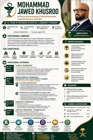 Riyadh, Job Seekers, Pharmacist With 12 Years Experience