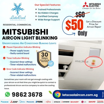 Singapore, Air Conditioners, SGD 50,  Mitsubishi Aircon Light Blinking