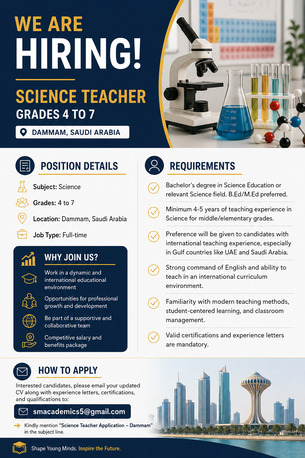 Dammam, Jobs, Hiring: Science Teacher &ndash; Grades 4 To 7 | Dammam, Saudi Arabia