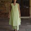 INR 1120,  Buy Women's Green Cotton V Neck A Line Kurta With Trousers Online