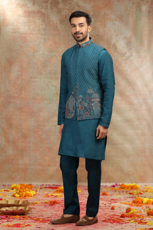 Ahmedabad, Clothing & Accessories, INR 15999,  Teal Silk Koti Kurta With Resham, Cutdana And Mirror Work
