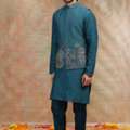 INR 15999,  Teal Silk Koti Kurta With Resham, Cutdana And Mirror Work