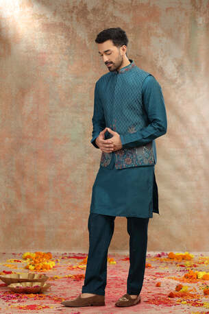Ahmedabad, Clothing & Accessories, INR 15999,  Teal Silk Koti Kurta With Resham, Cutdana And Mirror Work