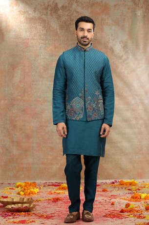 Ahmedabad, Clothing & Accessories, INR 15999,  Teal Silk Koti Kurta With Resham, Cutdana And Mirror Work