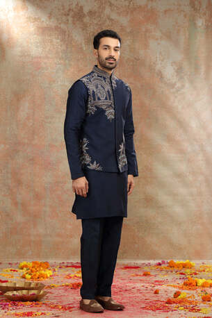 Ahmedabad, Clothing & Accessories, INR 14999,  Navy Blue Silk Koti Kurta With Resham & Cutdana Work