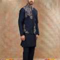 INR 14999,  Navy Blue Silk Koti Kurta With Resham & Cutdana Work