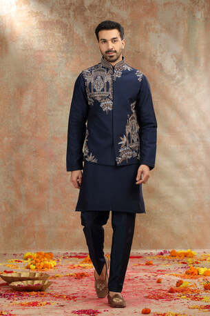 Ahmedabad, Clothing & Accessories, INR 14999,  Navy Blue Silk Koti Kurta With Resham & Cutdana Work