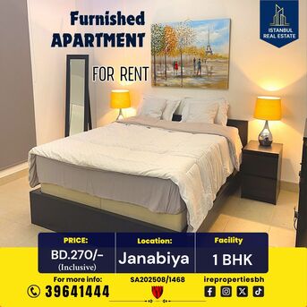 Janabiya, Apartments, Flats, Houses & Villas, BHD 270/month,  Furnished,  1 BR,  80 Sq. Meter,  Furnished 1 BHK Apartment For Rent &ndash; Janabiya BD 270/- Inclusive