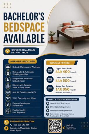 Al Malaz, Bedspace For Rent, SAR 400/month,  0 Sq. Meter,  BED SPACE AVAILABLE FOR  BATCHELOR ON MONTHELY BASIS @ OPPOSITE TO Al MALAZ METRO STATION