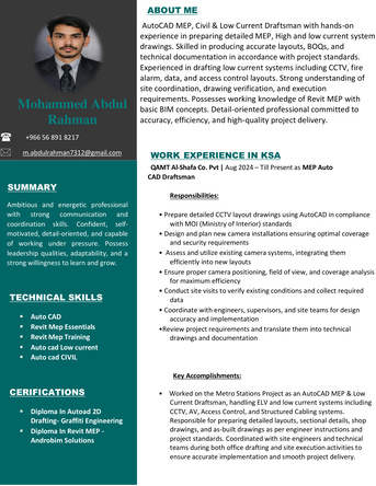 Al Wizarat, Job Seekers, AutoCAD MEP & Low Current Draftsman Available In Riyadh