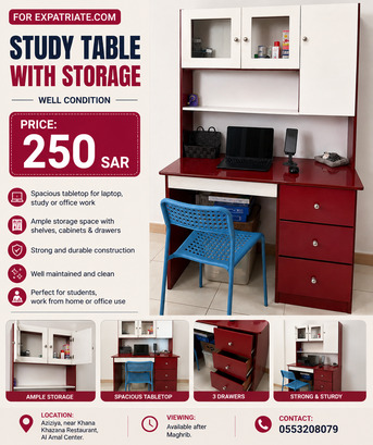 Jeddah, Household Items, SAR 250,  Study Table With Storage For Sale, 250 SAR