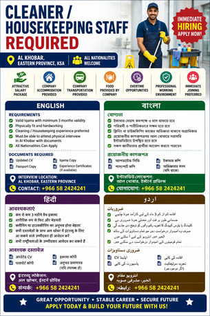 Khobar, Jobs, CLEANER / HOUSEKEEPING STAFF REQUIRED-ক্লিনার / হাউজকিপিং স্টাফ নিয়োগ
