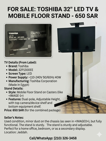 Bani Malik, Electronics, SAR 650,  For Sale: Toshiba 32" LED TV & Premium Mobile Floor Stand