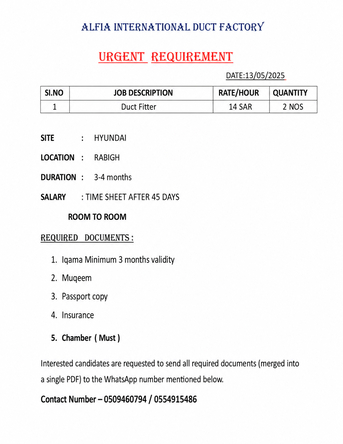 Jubail, Jobs, URGENT REQUIRMENT FOR 2 DUCT FITTER