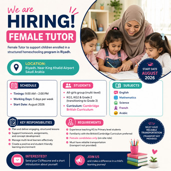 Riyadh, Lessons Offered, Female Primary Tutor &ndash; 9 AM- 2 PM- Riyadh, Saudi Arabia