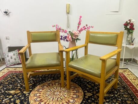 Khobar, Furniture, SAR 150,  2 Wooden Arm Chairs With Cushioned Seats &ndash; Good Condition