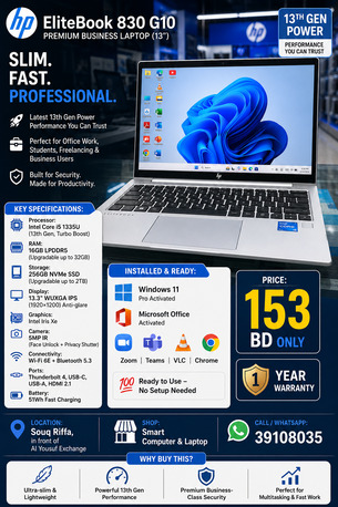 Riffa, Computers, BHD 153,  HP EliteBook 830 G10 | 13th Gen I5 | 16GB RAM | Slim Premium Laptop Free Airbuds