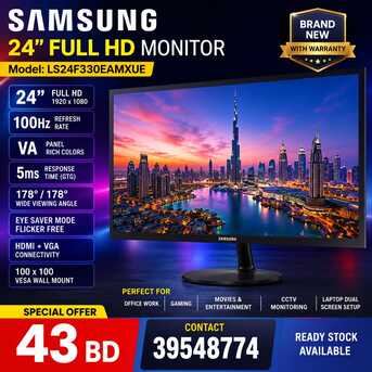 Manama, Computers, BHD 43,  SAMSUNG 24&rdquo; FULL HD MONITOR 100Hz - HDMI + VGA Slim Premium Design Call/WhatsApp: 39548774