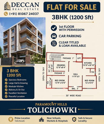 Hyderabad, Real Estate For Sale, INR 5800000,  3 BR,  1200 Sq. Feet,  Flat For Sale 3BHK Permission In Paramount Hills Colony Tolichowki