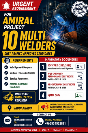Jubail, Jobs, Requirement Of 10 Multi Welders | Aramco Approved Candidates