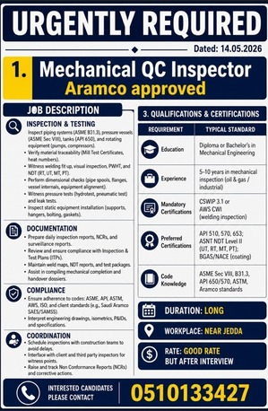 Riyadh, Jobs, Mechanical QC Inspector Aramco Approved.