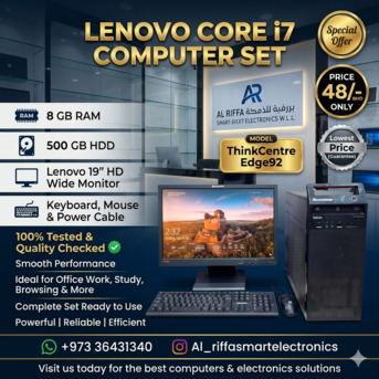 Manama, Computers, BHD 48,  LENOVO Core I7 3.4GHz Speed Computer Set 19" HD Monitor 8GB RAM + 500GB HDD Ready To Use