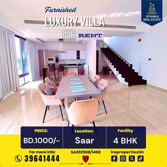 Saar, Villas, BHD 1000,  Furnished,  350 Sq. Meter,  Fully Furnished High Luxury Garden Villa For Rent In SAAR BD.1000/-