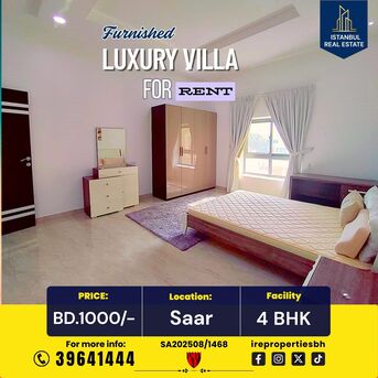 Saar, Villas, BHD 1000,  Furnished,  350 Sq. Meter,  Fully Furnished High Luxury Garden Villa For Rent In SAAR BD.1000/-