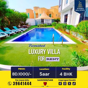 Saar, Villas, BHD 1000,  Furnished,  350 Sq. Meter,  Fully Furnished High Luxury Garden Villa For Rent In SAAR BD.1000/-