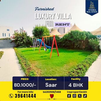 Saar, Villas, BHD 1000,  Furnished,  350 Sq. Meter,  Fully Furnished High Luxury Garden Villa For Rent In SAAR BD.1000/-